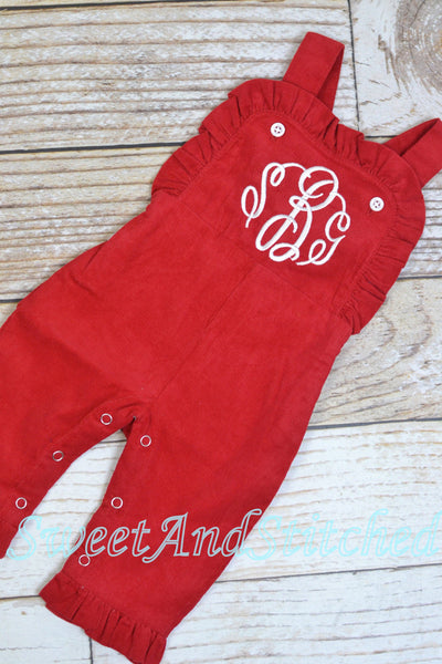 Baby girl monogrammed Christmas or Valentine's outfit, Red Ruffle Christmas overalls