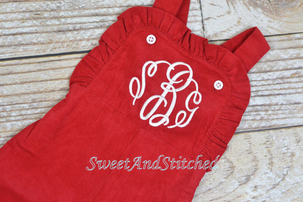 Baby girl monogrammed Christmas or Valentine's outfit, Red Ruffle Christmas overalls