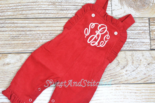 Baby girl monogrammed Christmas or Valentine's outfit, Red Ruffle Christmas overalls