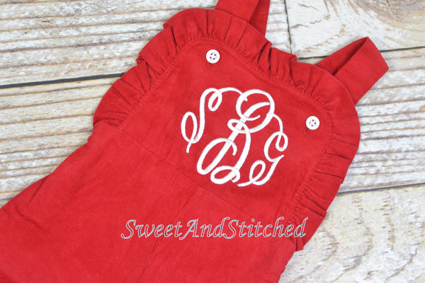 Baby girl monogrammed Christmas outfit, Red Ruffle Christmas overalls