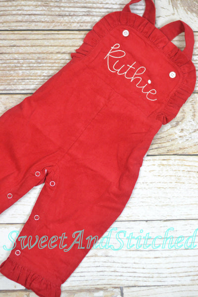 Baby girl monogrammed Christmas outfit, Red Ruffle Christmas overalls