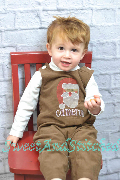 Baby Boy Christmas outfit with Santa face and name in vintage style, boys corduroy Santa overalls personalized