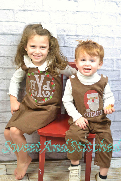 Baby Boy Christmas outfit with Santa face and name in vintage style, boys corduroy Santa overalls personalized