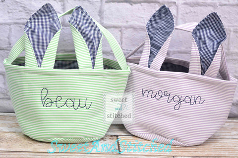 Monogrammed Easter baskets in pink, purple, and blue seersucker