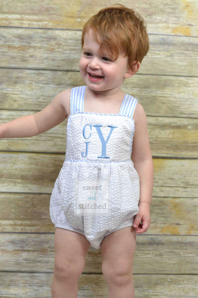 Monogrammed baby boy outfit, monogrammed boys seersucker bubble, baby boy romper, sunsuit, summer beach outfit, personalized boys clothing