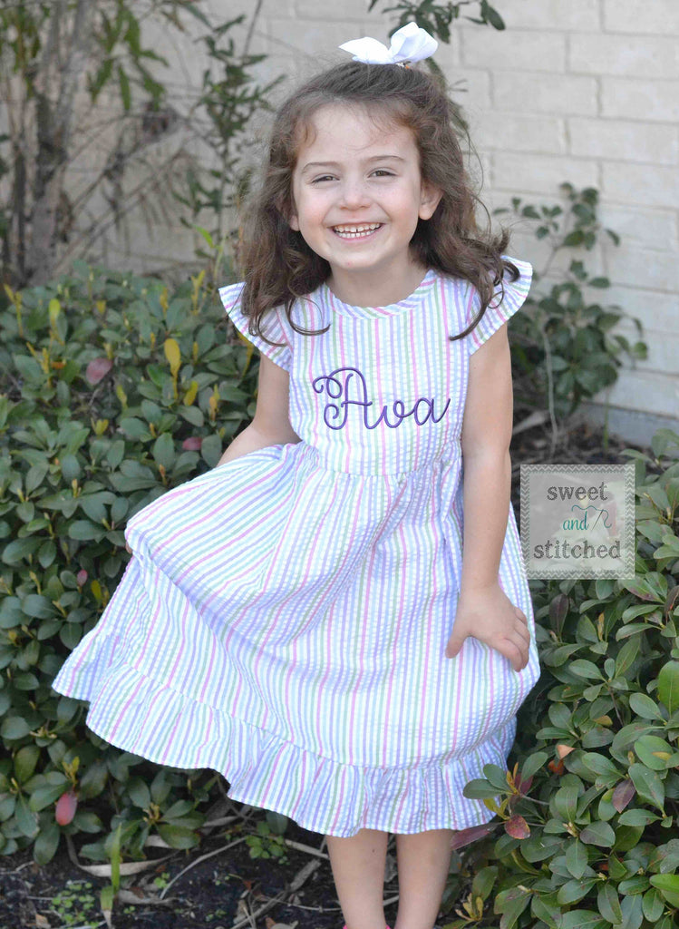 Monogrammed Seersucker Easter dress, toddler dress, baby girl rainbow –  Sweet and Stitched