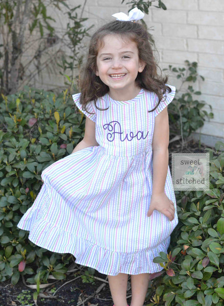 Monogrammed Seersucker 1st Birthday dress, toddler dress