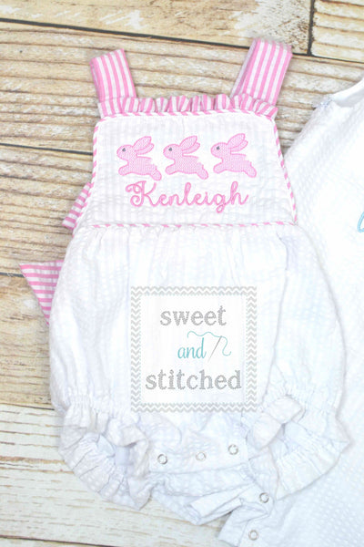 Monogrammed baby girl seersucker Easter romper with bunnies, girls cross backed bubble