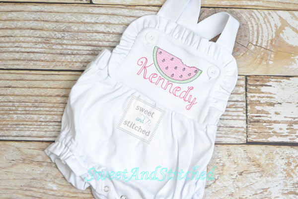 Monogrammed baby girl ruffle bubble with watermelons, girls summer watermelon outfit