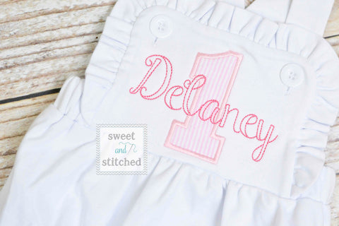 Monogrammed baby girl cake smash outfit with 1 and name, girls birthday bubble outfit