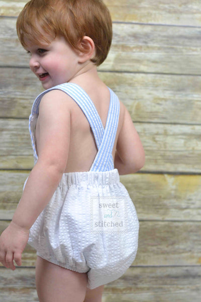 Monogrammed baby boy outfit, monogrammed boys seersucker bubble, baby boy romper, sunsuit, summer beach outfit, personalized boys clothing