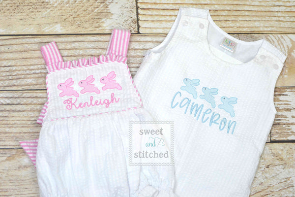 Monogrammed baby girl seersucker Easter romper with bunnies, girls cross backed bubble