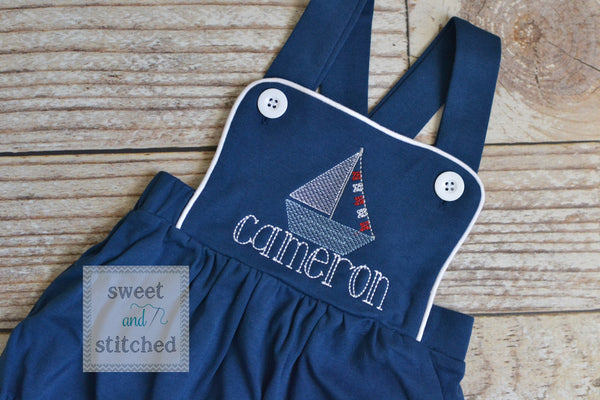 Monogrammed baby boy sailboat outfit, monogrammed boys beach romper