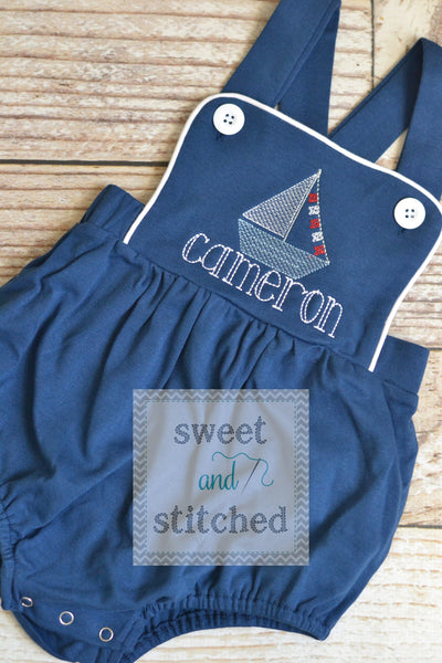 Monogrammed baby boy sailboat outfit, monogrammed boys beach romper