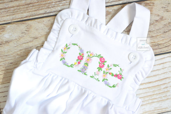 Embroidered baby girl cake smash outfit with floral ONE design, girls birthday outfit