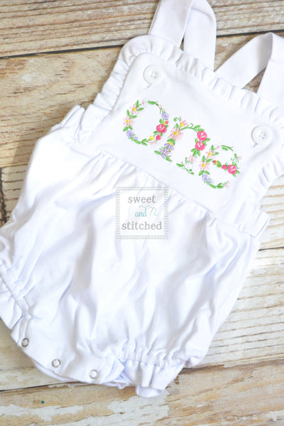 Embroidered baby girl cake smash outfit with floral ONE design, girls birthday outfit