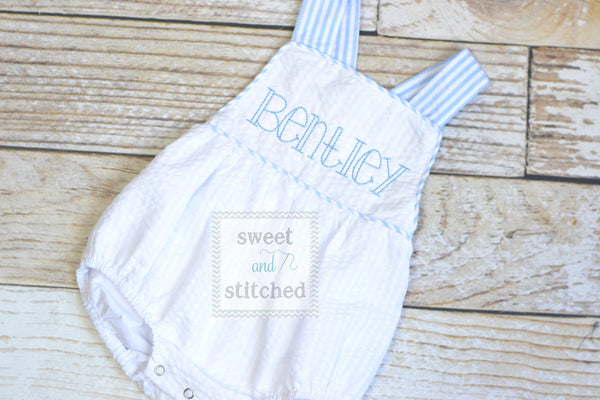 Monogrammed baby boy outfit, monogrammed boys seersucker bubble, baby boy romper, sunsuit, summer beach outfit, personalized boys clothing