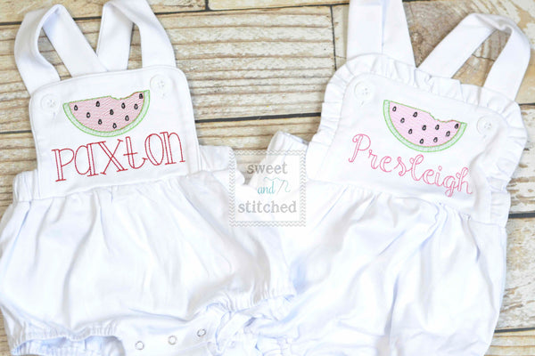 Monogrammed baby girl ruffle bubble with watermelons, girls summer watermelon outfit