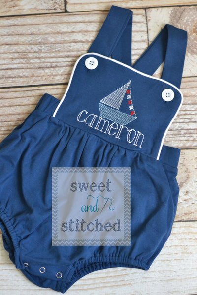 Monogrammed baby boy sailboat outfit, monogrammed boys beach romper