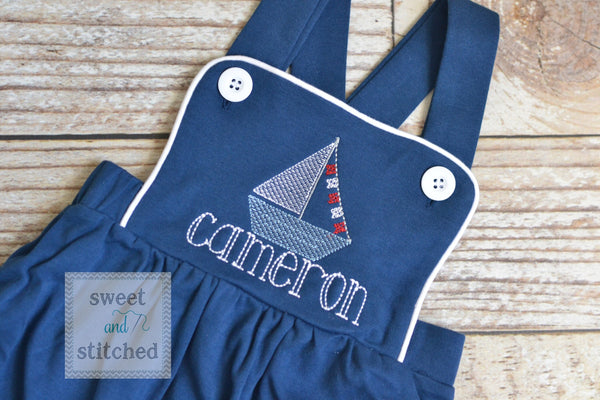 Monogrammed baby boy sailboat outfit, monogrammed boys beach romper