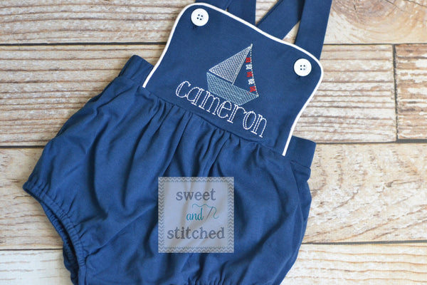 Monogrammed baby boy sailboat outfit, monogrammed boys beach romper