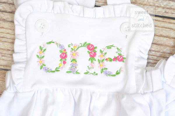 Embroidered baby girl cake smash outfit with floral ONE design, girls birthday outfit