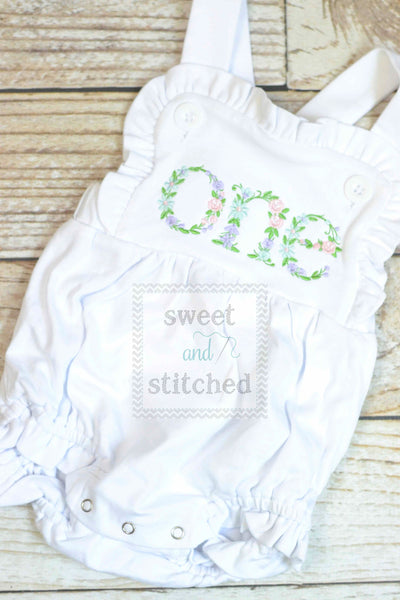 Embroidered baby girl cake smash outfit with floral ONE design, girls birthday outfit