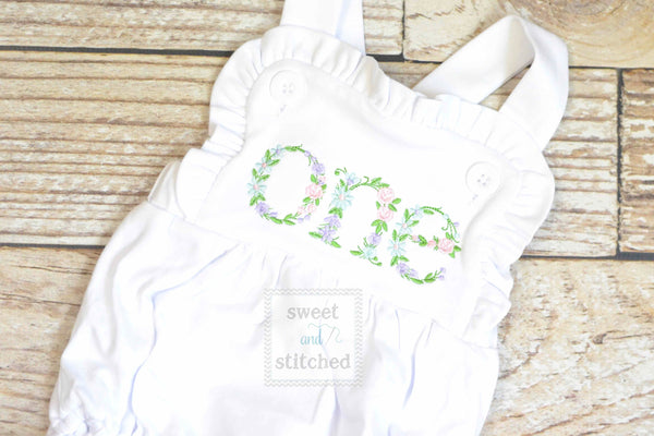 Embroidered baby girl cake smash outfit with floral ONE design, girls birthday outfit