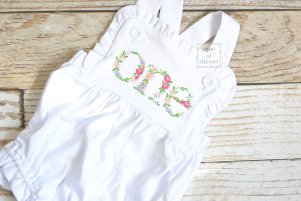 Embroidered baby girl cake smash outfit with floral ONE design, girls birthday outfit