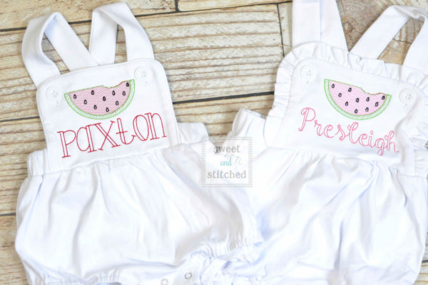 Monogrammed baby girl ruffle bubble with watermelons, girls summer watermelon outfit