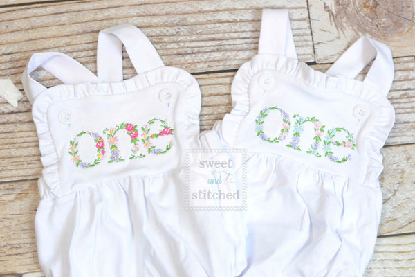 Embroidered baby girl cake smash outfit with floral ONE design, girls birthday outfit