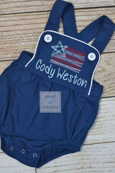 Boys 4th of July monogrammed outfit, boys patriotic bubble romper with vintage style flag design