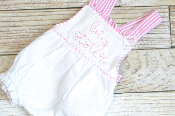 Big Sister outfit, embroidered big sister seersucker romper