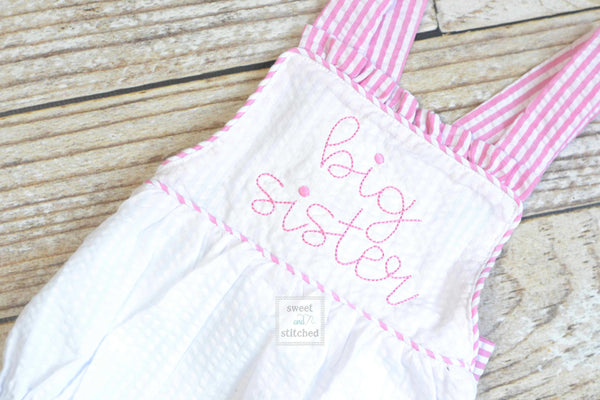 Big Sister outfit, embroidered big sister seersucker romper