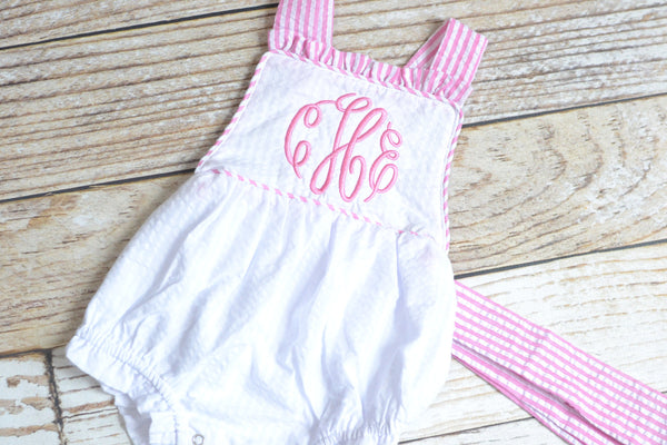 Monogrammed baby girl seersucker romper, girls cross backed bubble, girls summer romper, 1st birthday cake smash outfit, church outfit