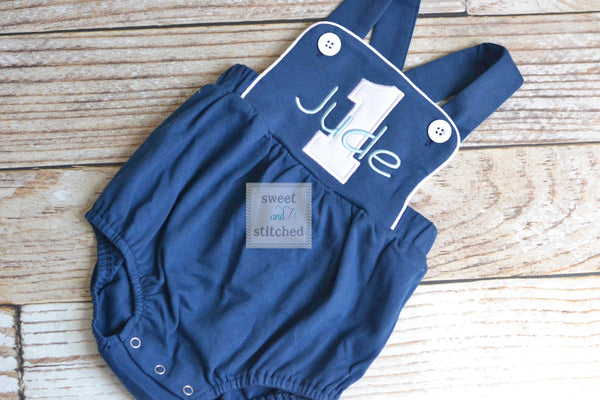 Monogrammed baby boy cake smash outfit, monogrammed boys 1st birthday romper