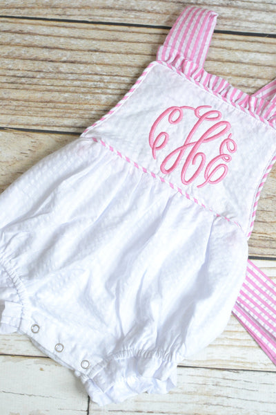 Monogrammed baby girl seersucker romper, girls cross backed bubble, girls summer romper, 1st birthday cake smash outfit, church outfit