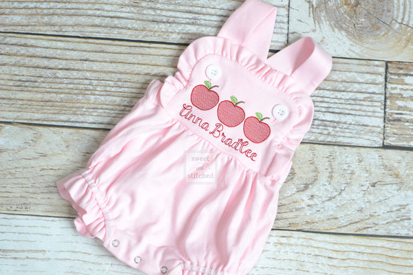 Monogrammed baby girl back to school outfit, monogrammed girls apple back to school bubble romper