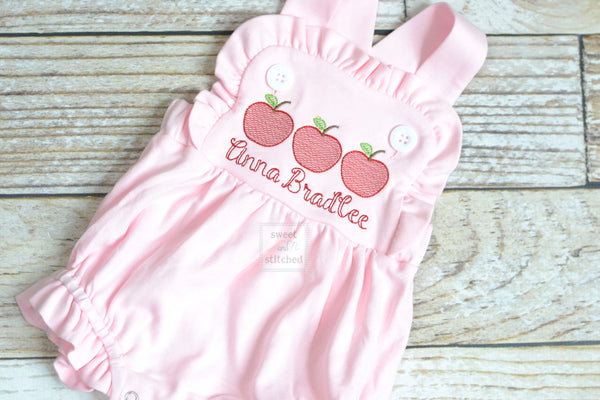 Monogrammed baby girl back to school outfit, monogrammed girls apple back to school bubble romper