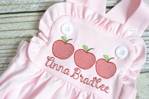 Monogrammed baby girl back to school outfit, monogrammed girls apple back to school bubble romper