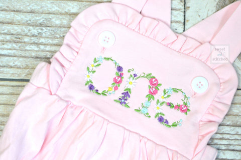 Embroidered baby girl pink cake smash outfit with floral ONE design, girls birthday outfit