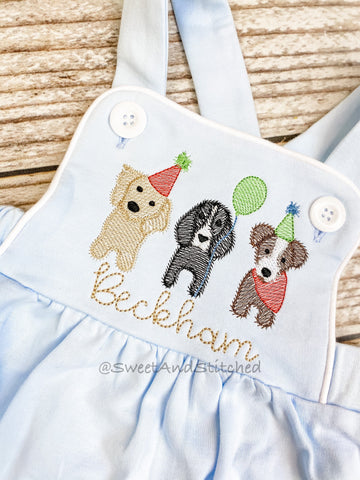 Monogrammed baby boy Birthday romper with puppies, dog birthday outfit