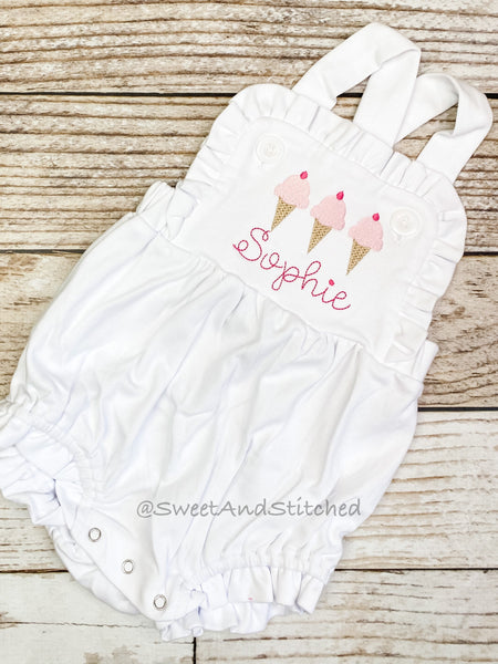 Monogrammed baby girl ruffle bubble with ice cream, girls summer ice cream cone outfit