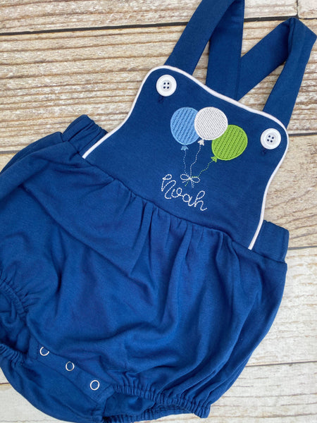 Monogrammed baby boy Birthday romper with balloons in navy, personalized boys bubble