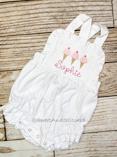 Monogrammed baby girl ruffle bubble with ice cream, girls summer ice cream cone outfit