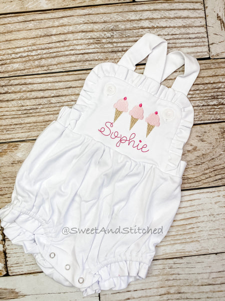 Monogrammed baby girl ruffle bubble with ice cream, girls summer ice cream cone outfit