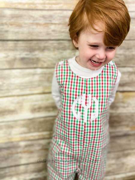 Monogrammed faux smocked Christmas outfit boys in christmas plaid gingham, Boys Christmas overalls, boys 1st Christmas outfit reindeers