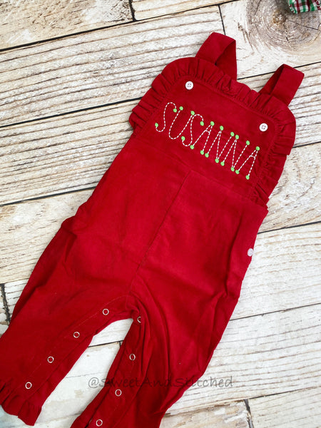 Baby girl monogrammed Christmas outfit, Red Ruffle Christmas overalls