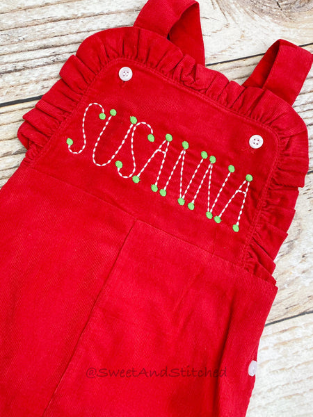 Baby girl monogrammed Christmas outfit, Red Ruffle Christmas overalls