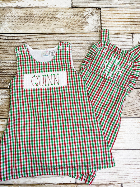 Baby girl monogrammed Christmas outfit in red, green and white gingham with trees and monogram design, Ruffle Christmas overalls